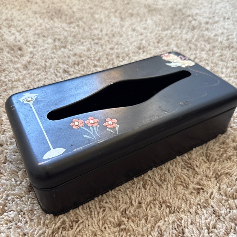 Vintage Ransburg Metal Tissue Box Cover Hand Painted Poodle Mid Century Black